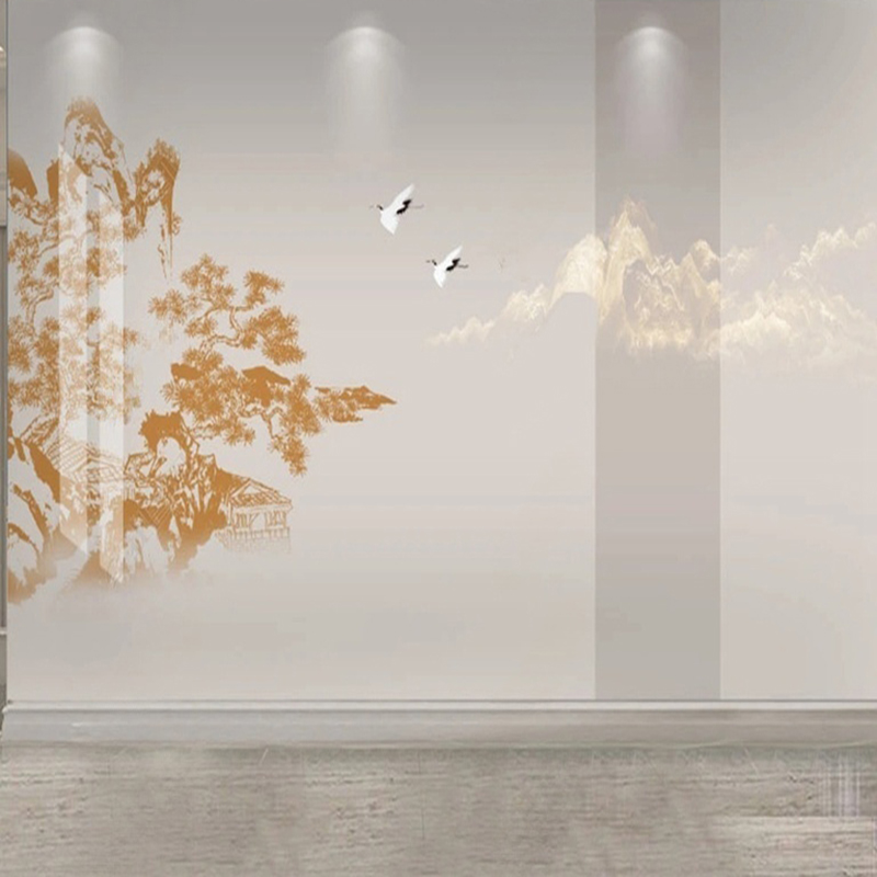 Interior Design Landscape - Elegant จีนมือวาด Pine & Crane ภาพจิตรกรรมฝาผนังวอลล์เปเปอร์
