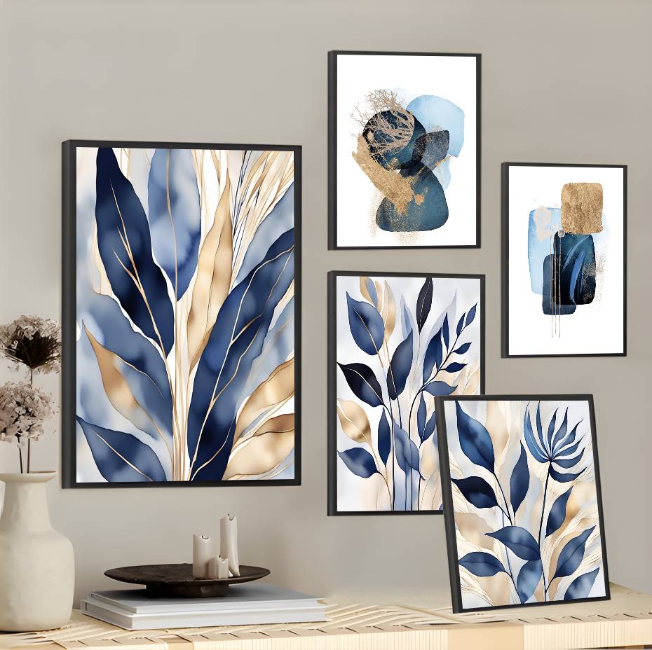 Interior Design Landscape - โปสเตอร์ลายใบไม้สีน้ำเงินสุดหรู ภาพติดผนังสำหรับตกแต่งบ้าน ห้องนอน ร้านอาหาร หรือบาร์