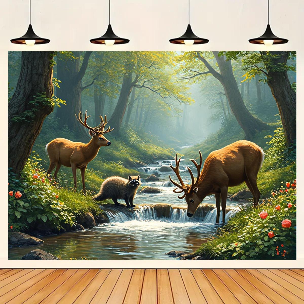 Interior Design Landscape - ภาพจิตรกรรมฝาผนัง 2 มิติ ลายป่ากวาง ลำธาร น้ำตก