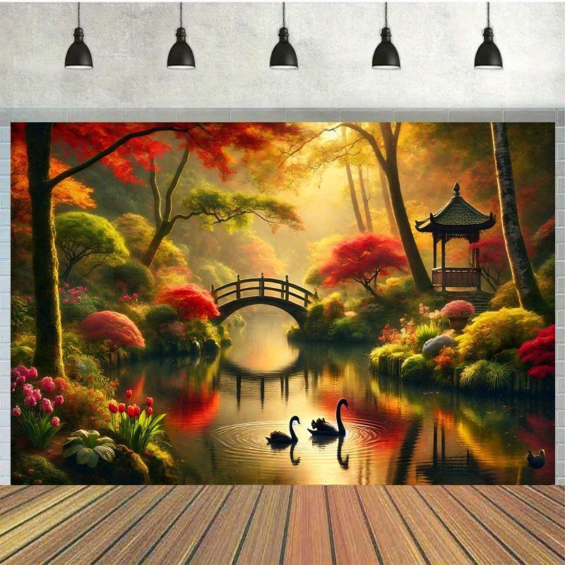 Interior Design Landscape - ผ้าผนังลายสะพานสวนฤดูใบไม้ร่วง ลายหงส์ พิมพ์แบบแบน 2 มิติ ศิลปะธรรมชาติ
