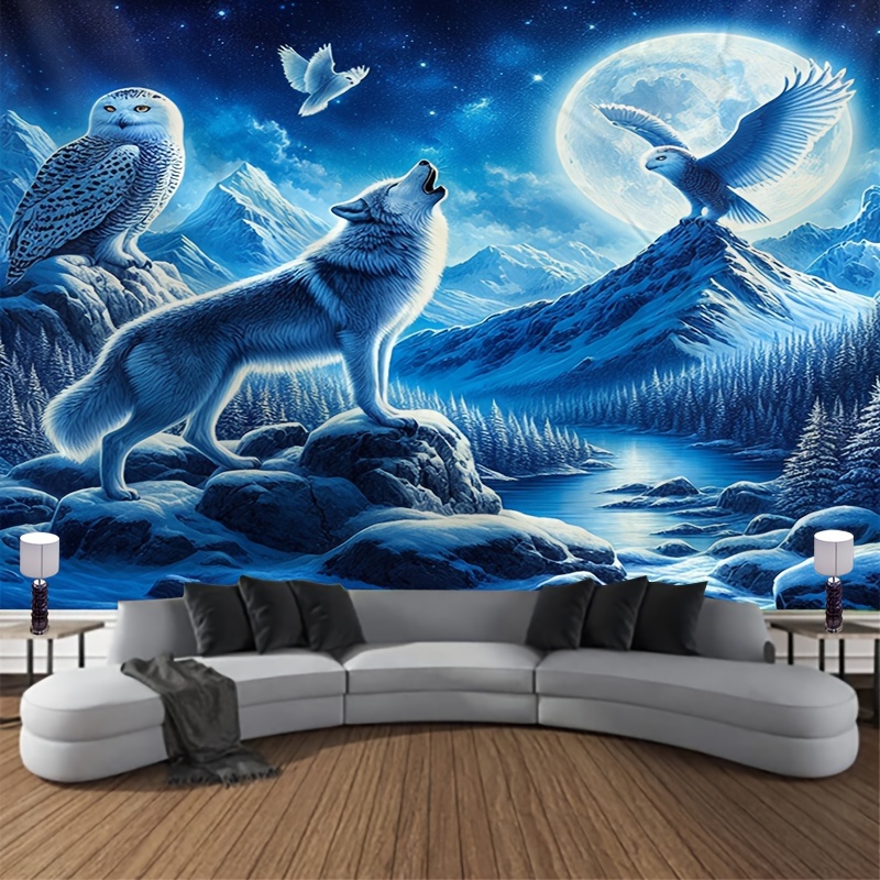 Interior Design Landscape - ภาพจิตรกรรมฝาผนังหมาป่าร้องเห่าที่ดวงจันทร์ ภูเขาหิมะ ทิวทัศน์นกฮูก ศิลปะฤดูหนาว ธรรมชาติ ตกแต่งห้องนั่งเล่นและห้องนอน